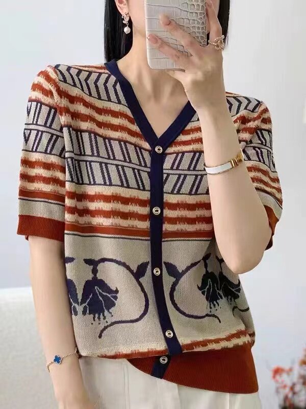 2025夏季新款短袖T恤女薄款冰丝衫时尚休闲圆领上衣遮肉T恤百搭，女装针织衫/毛衣，天佑贝依