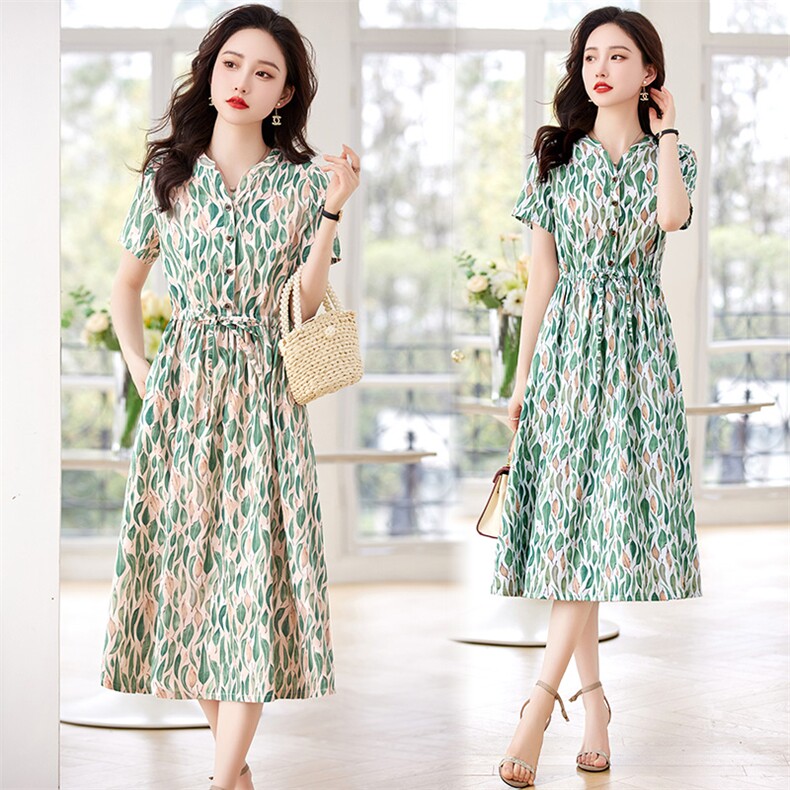 印花亚麻连衣裙女中长款2023夏季新款小个子V领收腰显瘦棉麻裙子，女装连衣裙，牡丹诺