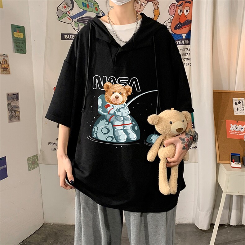 LD54251-P45NASA连帽短袖t恤男大码胖子带帽五分袖中袖海报风,男装T恤,电商A040