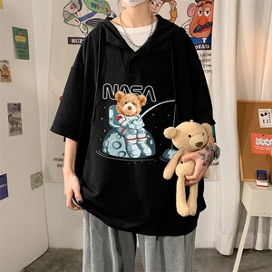 LD54251-P45 NASA连帽短袖t恤男大码胖子带帽五分袖中袖 海报风图片