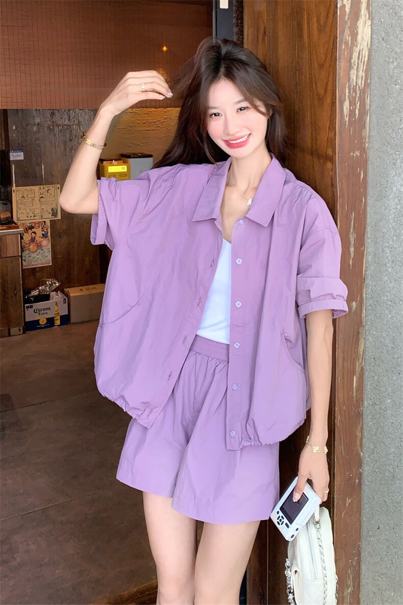 紫色休闲套装女夏季2025新款宽松设计感气质时尚衬衫短裤两件套,女装套装/套裙,2D143