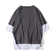 A003-HT002-P20夏季新款黄色笑脸假两件休闲短袖T恤1港仔风，男装T恤，电商A003