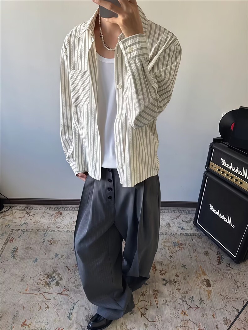 美式潮牌高街复古泡泡纱竖条纹日系肌理长袖衬衫男女休闲宽松衬衣,男装衬衫,电商A443