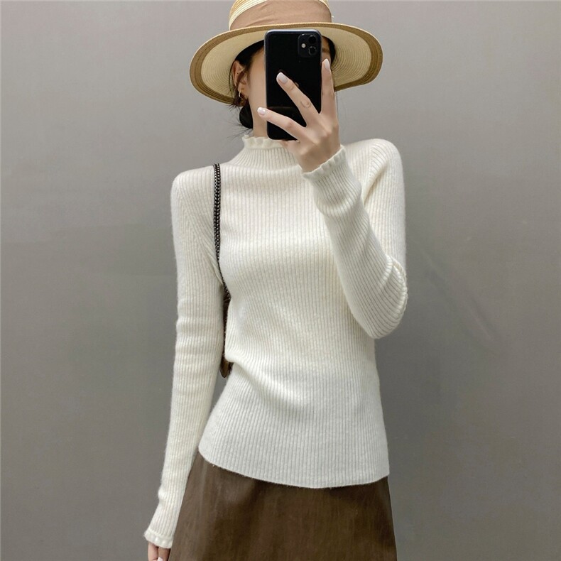 HE|气质尽显baby山羊绒衫女半高领针织衫木耳边毛衣百搭打底衫，女装针织衫/毛衣，织绒羊