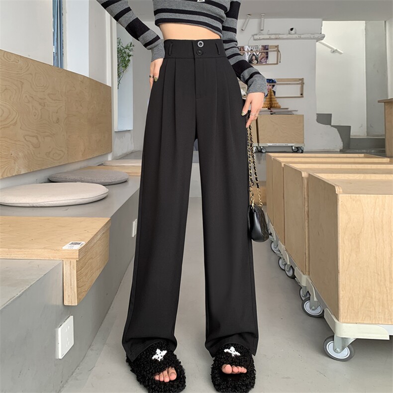 阔腿裤女春秋高腰显瘦垂感梨形身材裤子直筒拖地裤双扣休闲西装裤,女装休闲裤,梦白服饰厂