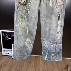 H202-P53宽松个性印花美式高街复古时髦炸街嘻哈做旧牛仔长裤，男装休闲裤，电商B323A