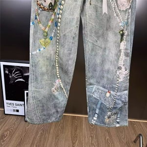 H202-P53 宽松个性印花美式高街复古时髦炸街嘻哈做旧牛仔长裤图片