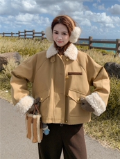 卡其色羊羔毛领拼接短款派克羽绒服女2025冬季小个子加厚保暖外套，女装羽绒服，慧尚依恋