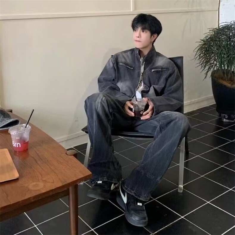 春秋水洗重磅拉链黑灰牛仔夹克男士痞帅高级感底特律工装美式外套,男装工装外套,星座1210-1