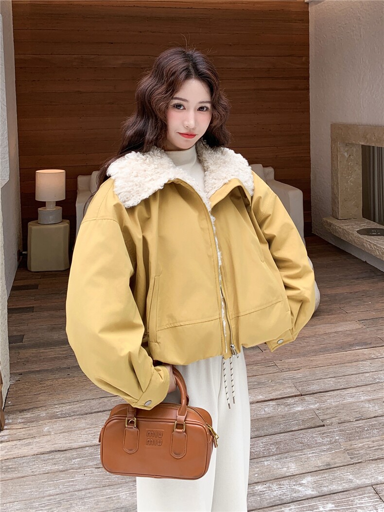 黄色大翻领羊羔毛拼接羽绒服女冬季2025新款小个子短款加厚派克服,女装羽绒服,慧尚依恋