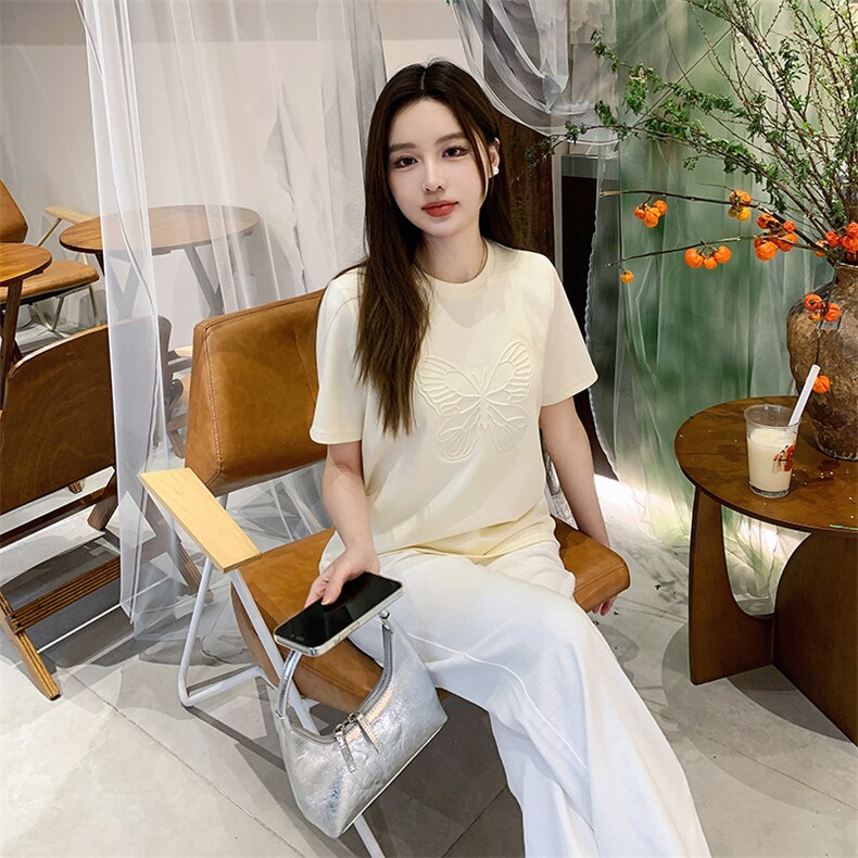 现货已出，2024夏季前片蝴蝶印花P45-K75,女装T恤,慧峰