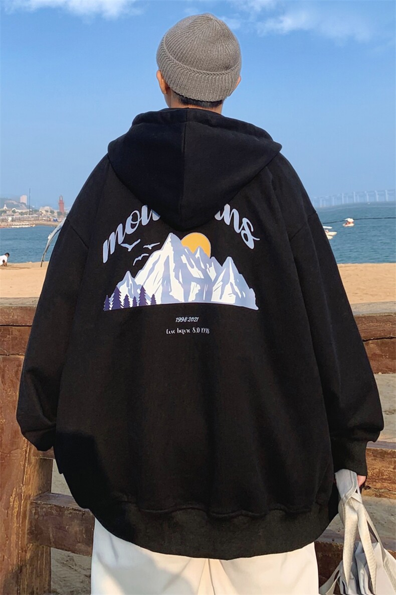 Y9902P48外景港风雪山字母印花连帽开衫百搭休闲宽松潮流学生,男装卫衣,电商A026-1