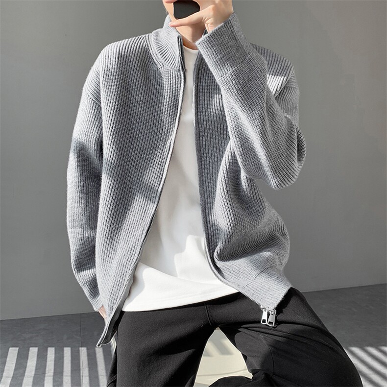 重磅秋冬北极绒双拉链毛衣开衫美式复古休闲慵懒风宽松针织衫外套，男装针织衫/毛衣，电商A486