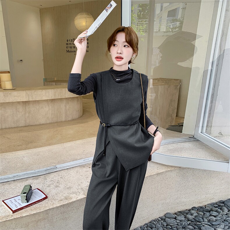 韩系高级感穿搭套装女2025春秋甜美显瘦不规则马甲直筒阔裤三件套图片