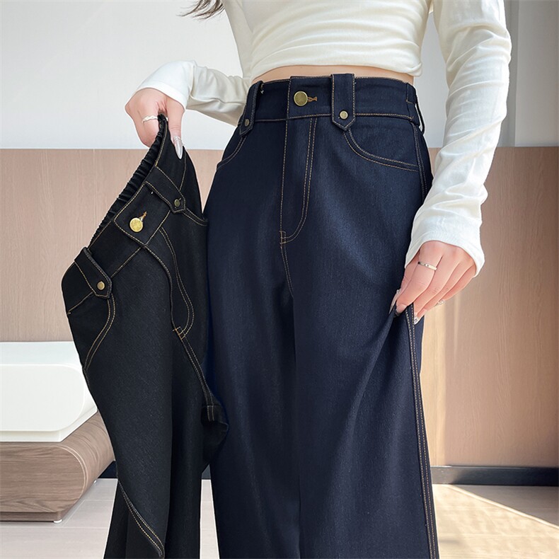 丹宁深蓝阔腿牛仔裤新款秋冬高腰显瘦垂感直筒宽松拖地长裤,女装休闲裤,云美莎专业女裤-全店现货