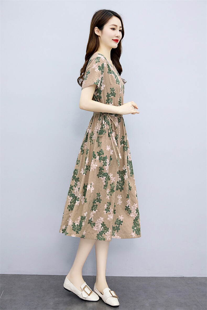 时尚印花连衣裙女夏季2025新款气质收腰显瘦复古休闲舒适棉麻裙子,女装连衣裙,倪叶myz