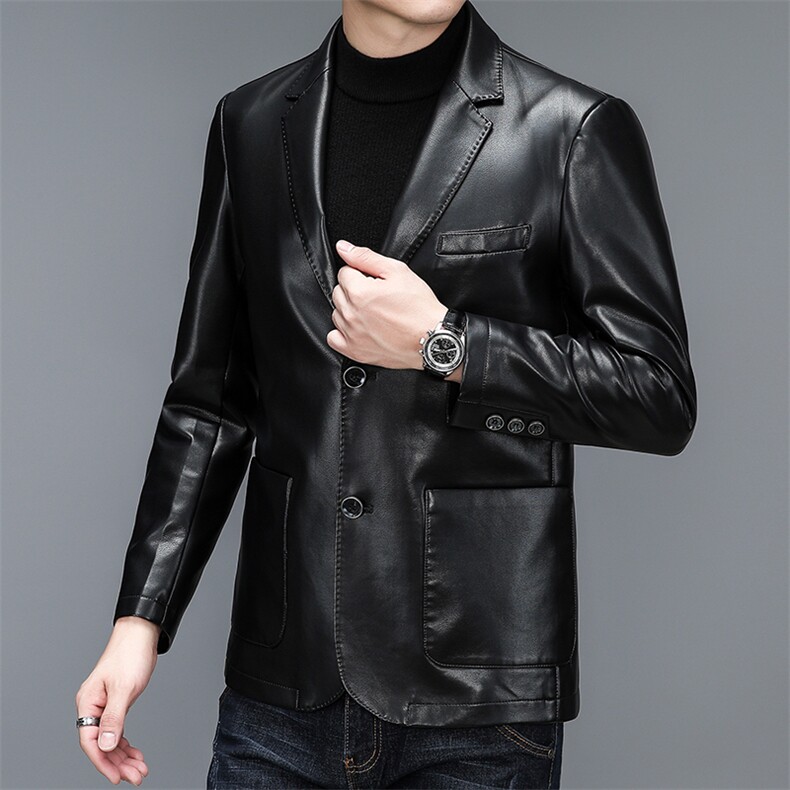 春季新款2023年男士休闲长袖翻领皮夹克商务外套皮衣西服,男装皮衣,电商B360