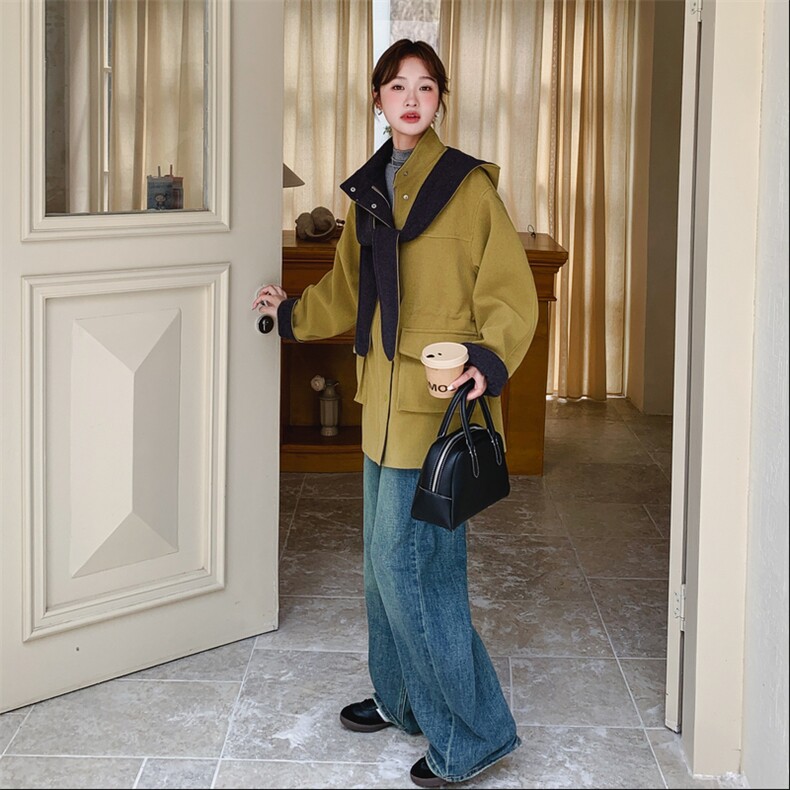 复古拼接连帽中长款外套女2025年秋冬季新款韩系休闲保暖毛呢上衣,女装短外套,2C305