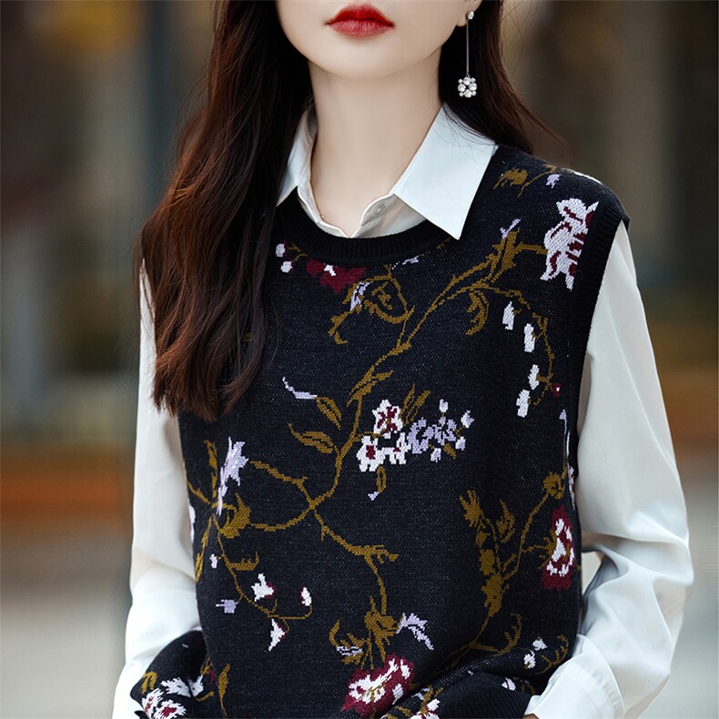 马甲女圆领提花无袖毛衣坎肩羊毛针织拼色无袖背心叠穿外搭上衣新,女装马甲,片语羊绒