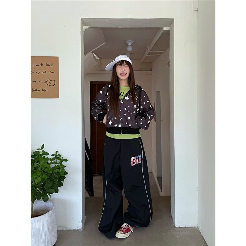 B3090-P46CGGA美式旗帜数字反光条休闲裤男女宽松阔腿拖地长裤,男装休闲裤,电商B323A