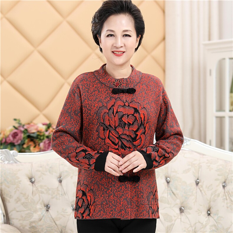 秋冬季保暖新中式喜庆春节大码牡丹镶钻中老年上衣，女装中老年女装，伊格尔
