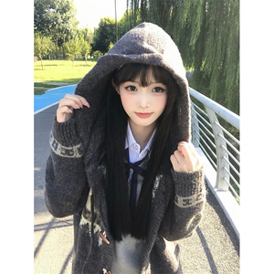 重磅秋冬北极绒开衫毛衣美式复古休闲慵懒风牛角扣针织衫连帽外套图片