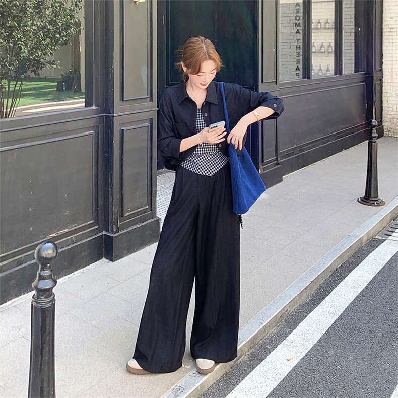 设计感宽松休闲淡人三件套女2025秋季减龄上衣格纹吊带阔腿裤套装,女装套装/套裙,欧黛芙妮