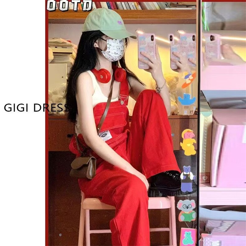 美式复古辣妹红色牛仔背带裤女夏季新款直筒阔腿吊带长裤子ins潮,男装休闲裤,星座1210-1