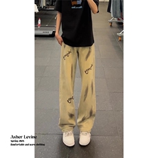 美式欧美炸街弯刀牛仔裤男女小众设计感百搭痞帅裤子显瘦阔腿裤，男装牛仔裤，四季星座505