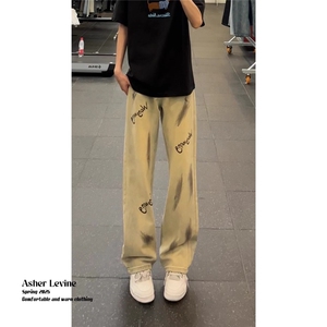 美式欧美炸街弯刀牛仔裤男女小众设计感百搭痞帅裤子显瘦阔腿裤图片