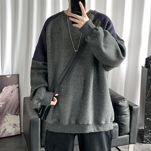 2021冬季新日系港风短句大码男宽松圆领拼接加绒加厚卫衣W653-P40图片