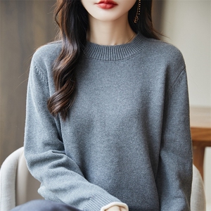 2025秋新款法式撞色100%纯棉针织衫宽松休闲打底衫女毛衣保暖加厚图片