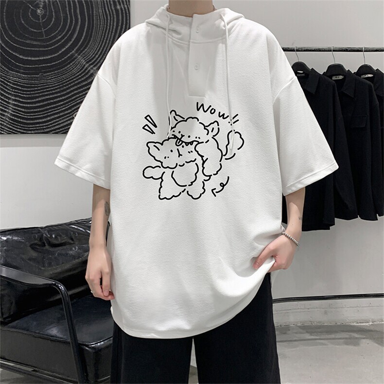 LD5427-P45 连帽短袖t恤男大码胖子带帽五分袖中袖图片