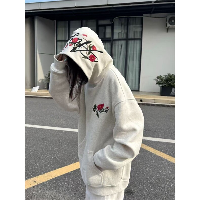 潮美式玫瑰花刺绣字母连帽卫衣新款宽松帽衫情侣外套2025秋季,女装短外套,星座601-1