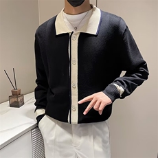简约轻熟风翻领毛衣休闲开衫男痞帅青年拼色针织衫外套男S597，男装针织衫/毛衣，星座1116A-2（原606A-1）