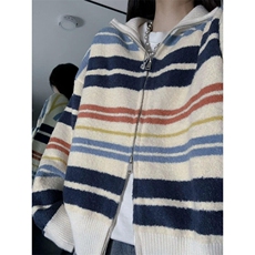 复古撞色条纹拉链针织外套男女情侣慵懒长袖新款宽松型开衫常规款，男装针织衫/毛衣，星座506A