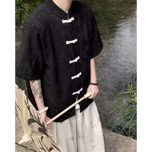 新中式风男装短袖立领衬衫盘扣提花复古中山装七分半袖唐装衬衣图片