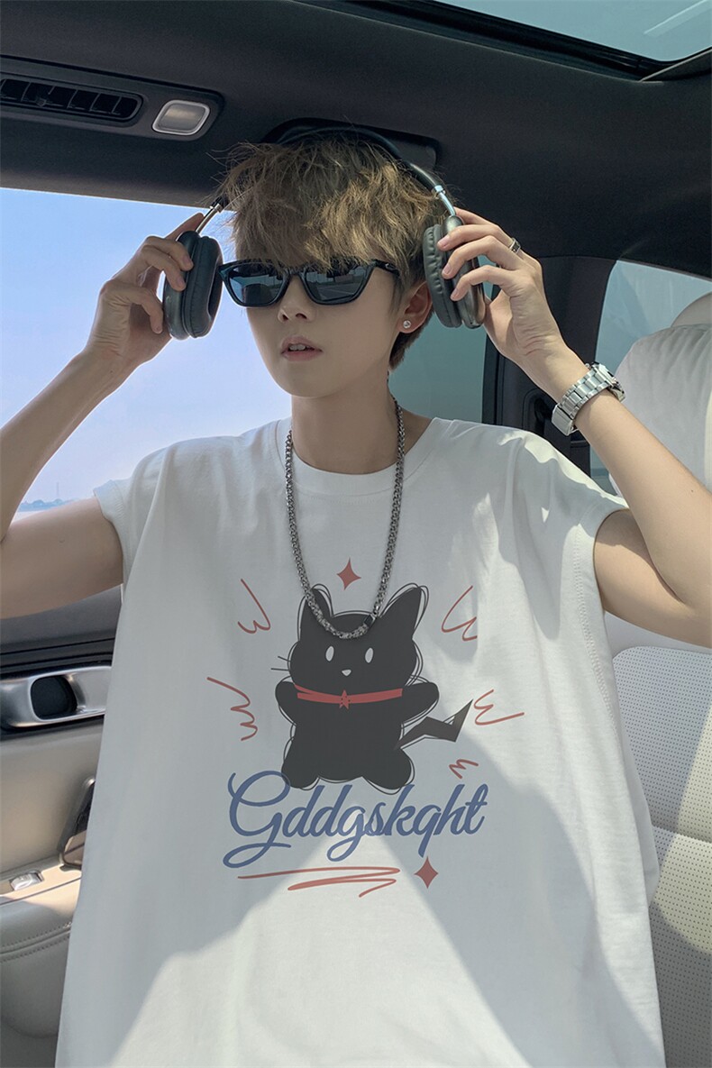 夏季新款外景慵懒猫咪印花宽松背心男潮牌坎肩无袖T恤BX00134/P25,男装背心/马甲,电商B316