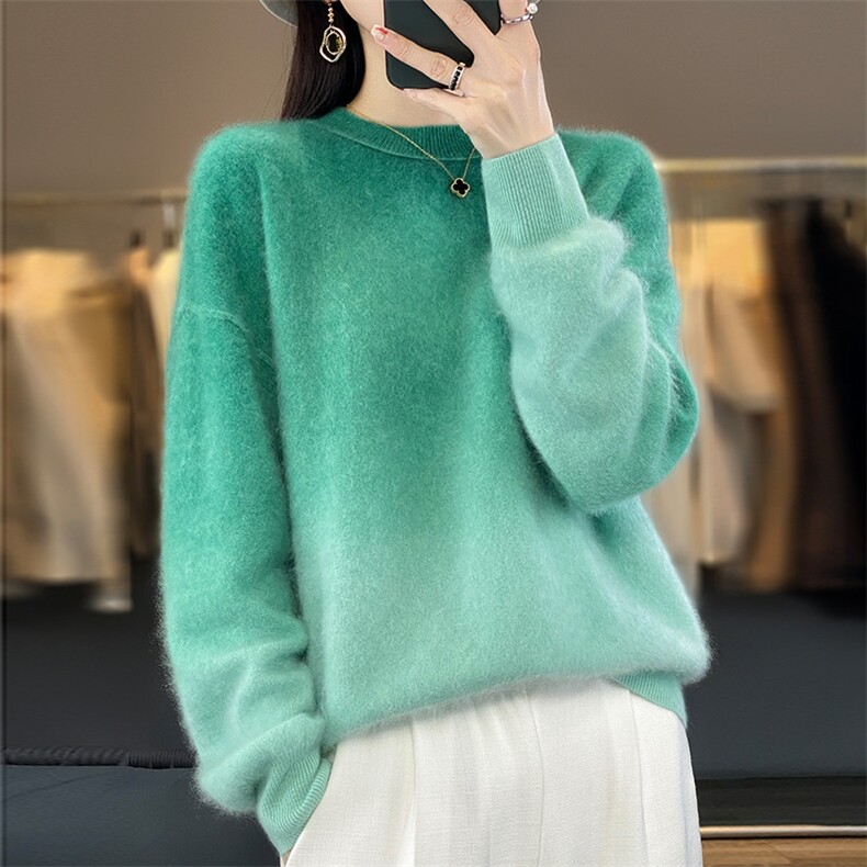 时尚渐变色高级感纯山羊绒衫宽松拉绒长毛绒毛衣秋冬女打底针织衫,女装羊绒衫,臻维羊绒