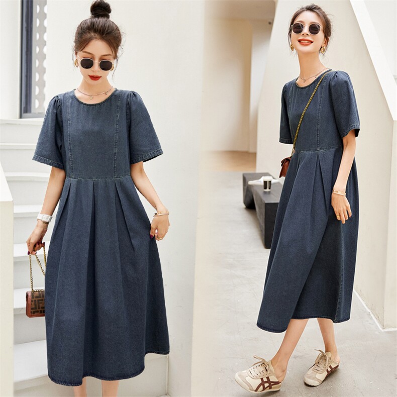 2023夏季新款韩版设计感小众法式泡泡袖牛仔中长款连衣裙，女装连衣裙，悠米