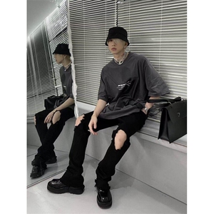 网图高街水洗毛边拼接黑色破洞牛仔裤复古微喇牛仔长裤N630-P36图片