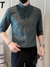 店主风社会小伙男七分袖立领提花衬衫男店主风301A-1/CS580/P55，男装衬衫，星座301A-1