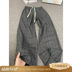 复古格子男女夏季薄款高腰抽绳休闲慵懒松弛感阔腿裤K760p38图片