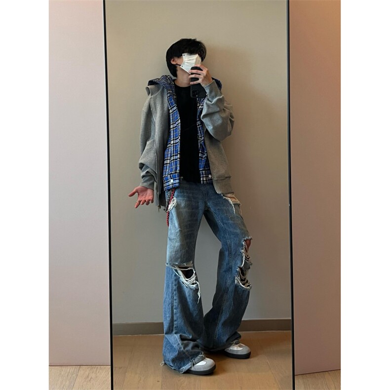 【有货】假两件格子拼接卫衣男款设计感连帽开衫外套JL97LL-特P68,男装卫衣,星座1007（原301D）