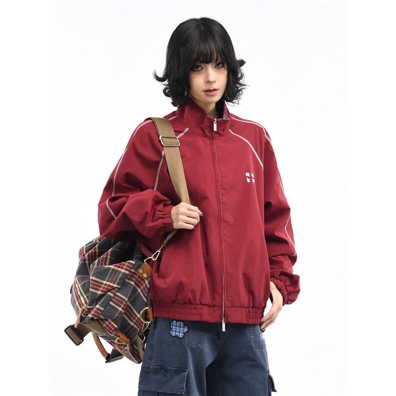 美式格子拼接红色外套秋季新款宽松拉链夹克运动上衣HH149P65,男装夹克,星座1013-5
