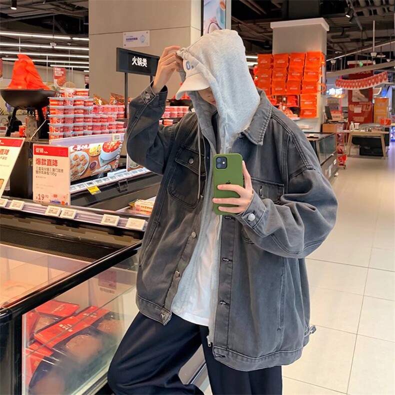 假两件工装牛仔外套男春秋港风复古夹克潮牌痞帅宽松百搭连帽上衣,男装夹克,星座410-6（原星座1304-1）