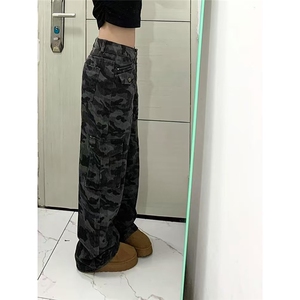 美式高街军绿色迷彩工装牛仔裤欧美hiphop裤子直筒阔腿拖地裤女图片