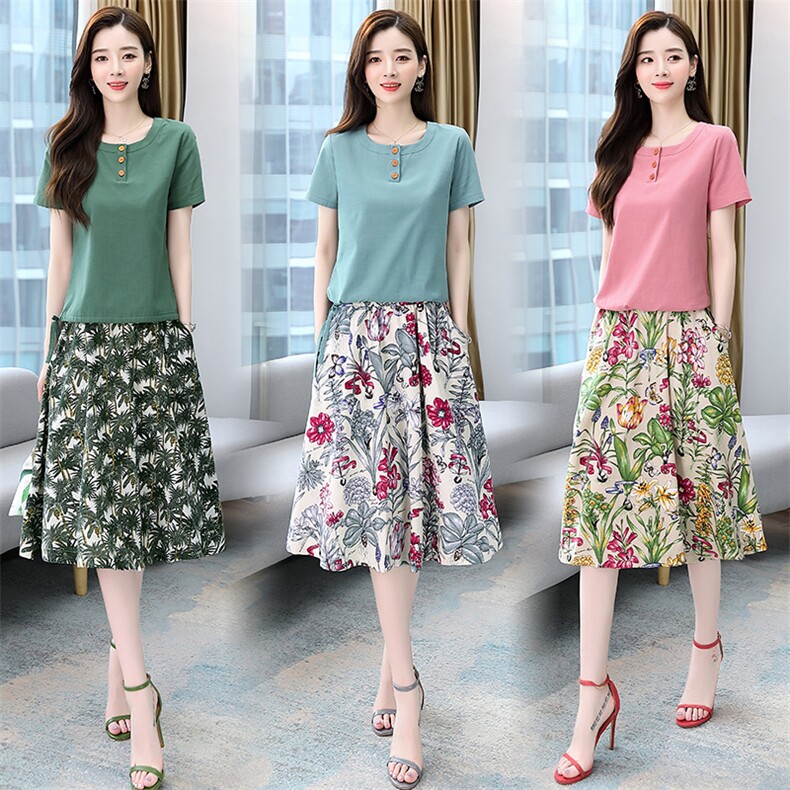 棉麻连衣裙女夏2025新款小个子妈妈洋气时尚腰裙半身裙套装两件套，女装套装/套裙，牡丹诺