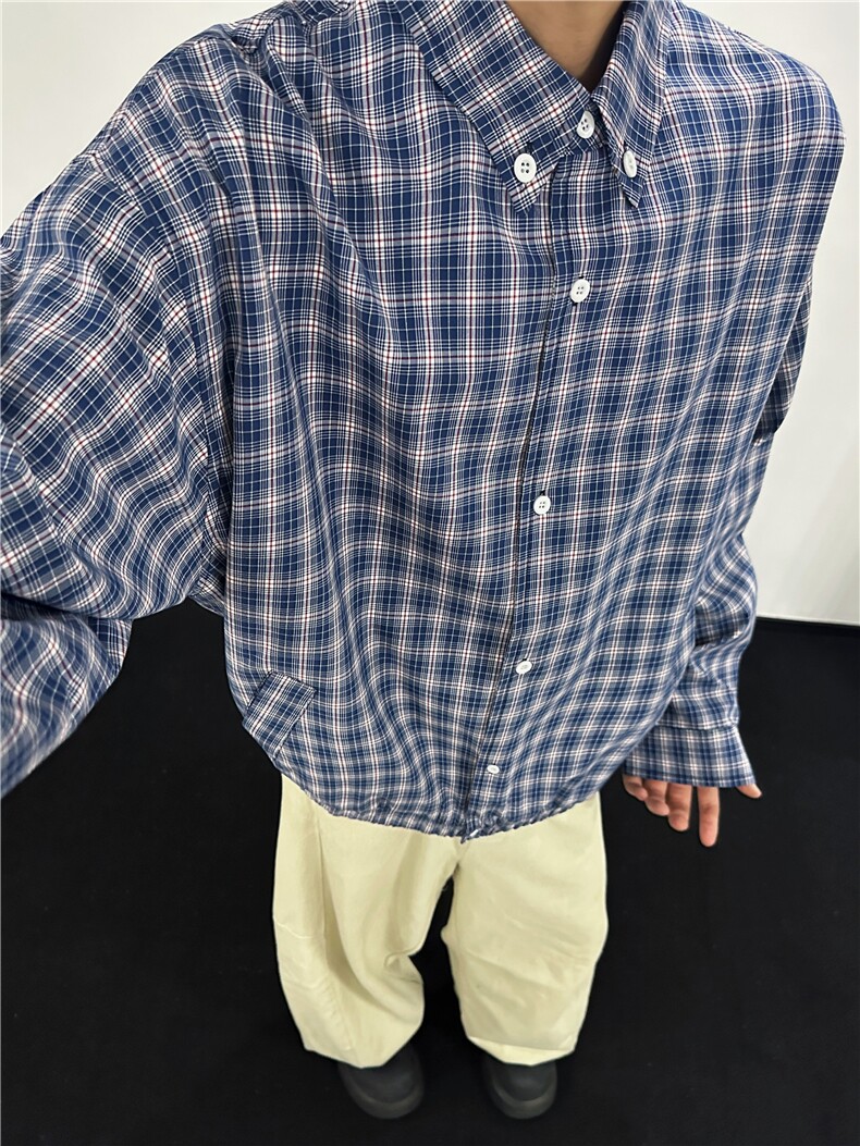 C189-尺码S-2XL-P65-miu系新贵感复古极简轻薄格纹翻领衬衫外套,男装衬衫,星座1811B