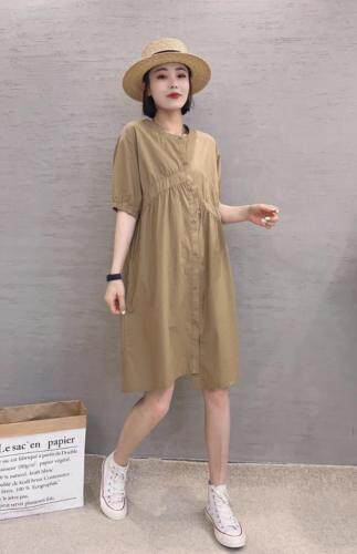 XL9917韩版夏季新款圆领宽松显瘦打褶皱单排扣中长款连衣裙，女装连衣裙，L·H·X